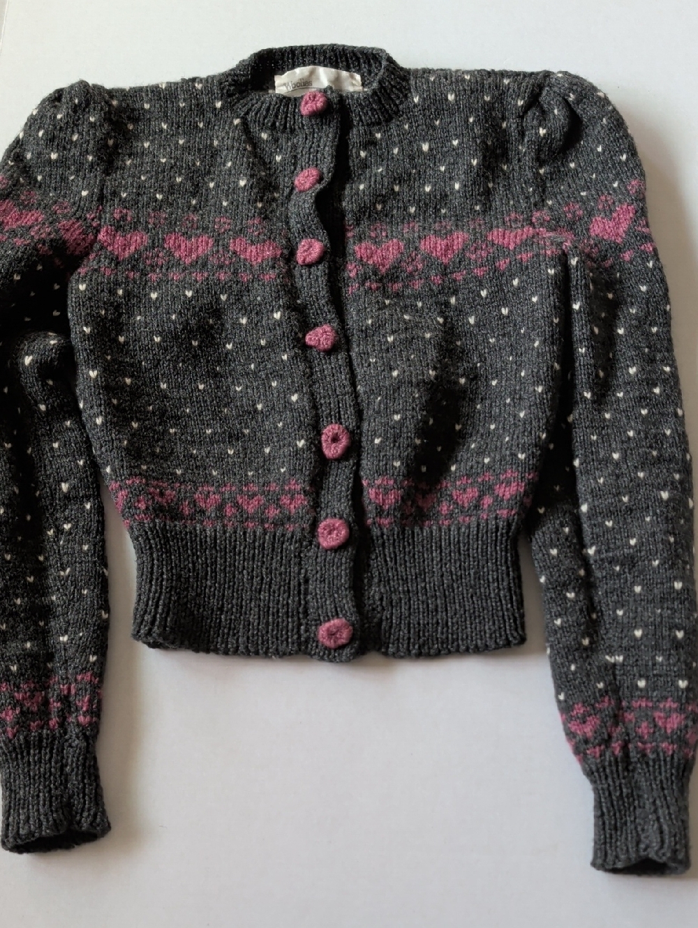 Woolies Women's Charcoal Gray Knit Cardigan with Pink Heart Accents - Picture 3 of 5